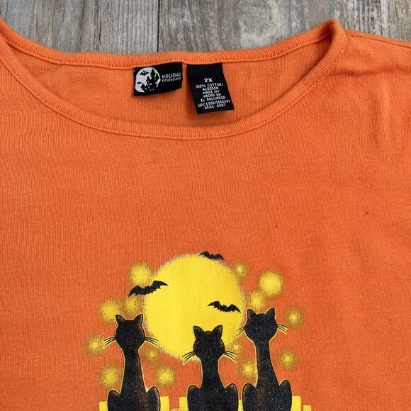 Halloween T-Shirt 2X Orange and Black Cats Moon Vintage Long Sleeve Spooky - Picture 3 of 7